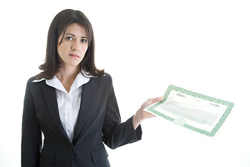 Image showing Caucasian Woman Unhappy with Stock Market Looking at Camera