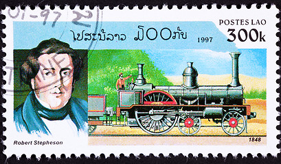 Image showing Canceled Laos Postage Stamp Old Railroad Steam Locomotive Robert