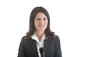 Image showing Smiling Caucasian Woman Holding Microphone Isolated White Backgr