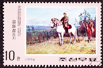 Image showing Canceled North Korean Postage Stamp Kim II Song Riding Horse