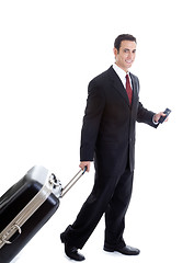 Image showing Caucasian Man Traveling Pulling Suitcase and Passport Isolated W