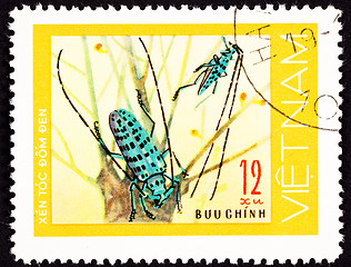 Image showing Canceled Vietnam Postage Stamp Pair Green Spotted Beetle Antenna