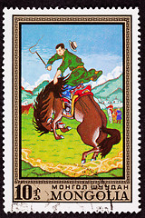 Image showing Canceled Mongolian Postage Stamp Bucking Bronco Man Breaking Wil