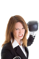 Image showing White Woman Gritting Teeth Boxing Gloves Punching Camera