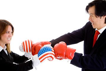 Image showing Caucasian Woman Asian Man Boxing Gloves American Flag