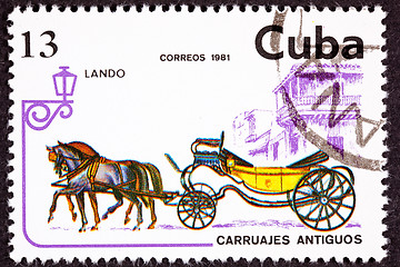 Image showing Canceled Cuban Postage Stamp Horse Team Pulling Convertible Land