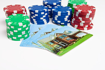 Image showing Poker Chips House Playing Cards Isolated Gambling