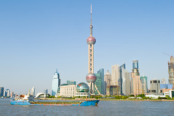 Image showing Oriental Pearl TV Tower with Huangpu River Foreground Pudong Sha