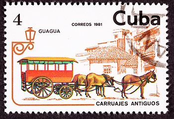 Image showing Cuban Postage Stamp Horse Team Pulling Passenger Street Car