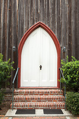 Image showing Arched Gothic Church Door Wood Building Cross