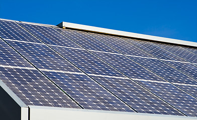 Image showing Rows Solar Panels Array Roof Blue Sky Background