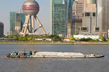 Image showing Barge Huangpu River Downtown Shanghai Far Bank Pudong TV Tower
