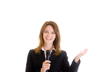 Image showing Happy Caucasian Woman Holding Microphone Gesturing Isolated Whit