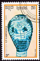 Image showing Canceled Cambodian Postage Stamp Spectacled Indian Cobra Naja Na
