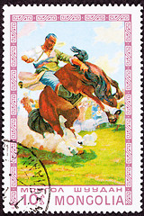 Image showing Canceled Mongolian Postage Stamp Bucking Bronco Man Breaking Wil