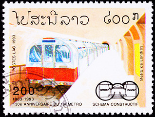 Image showing Laos Postage Stamp 130 Years London Tube, Subway Train Platform