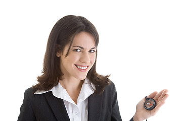 Image showing Caucasian Business Woman Holding Compass and Smiling at Camera