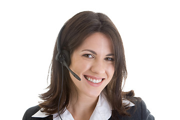 Image showing Headshot Smiling Caucasian Woman Headset Microphone Isolated Whi