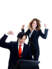 Image showing Caucasian Business Woman Jumping, Asian Man Celebrating White Ba