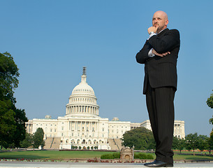 Image showing Caucasian Businessman Suit Thinking US Capitol 