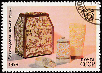 Image showing Soviet Russia Postage Stamp Carved Ivory Box Cup Container