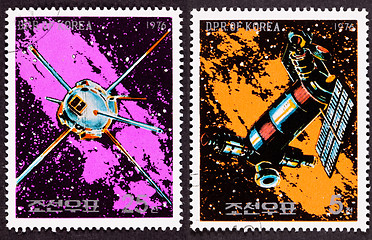 Image showing Canceled North Korean Postage Stamp Space Themed Satellites Milk