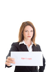 Image showing Angry Caucasian Woman Holding Envelope Isolated White Background