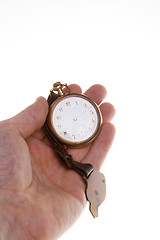 Image showing Hand Old Brass Pocket Watch Isolated Background