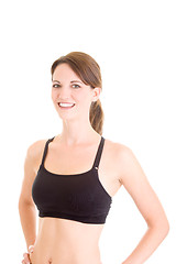 Image showing Smiling Caucasian Woman in Sports Bra White Background
