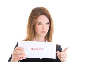 Image showing Displeased Caucasian Woman Holding Sign and Pointing White Backg