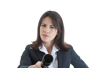 Image showing Skeptical Caucasian Woman Holding Microphone White Background