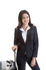 Image showing Smiling Caucasian Woman with Suitcase Traveler Isolated White Ba