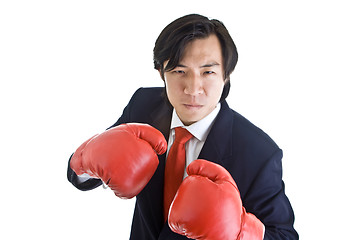 Image showing Angry Asian Man Boxing Gloves Ready to Punch Camera  Isolated