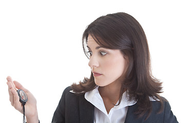 Image showing White Woman Looking at Compass with Alarm Isolated Background