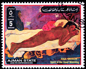 Image showing Canceled Ajman Postage Stamp Painting Gauguin Spirit Dead Watchi