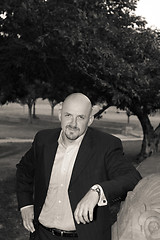 Image showing Bald Man Goatee Jacket In a Park, Black and White