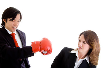 Image showing Asian Man Punching at Ducking White Woman Isolated Background