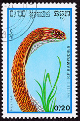 Image showing Canceled Cambodian Postage Stamp Copper Colored Egyptian Cobra N