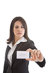 Image showing Smiling Caucasian Businesswoman Holding Business Card Isolated W