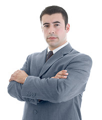 Image showing Serious Caucasian Hispanic Man Arms Crossed Isolated White Backg