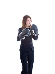 Image showing Caucasian Woman Suit Boxing Gloves Isolated White Background