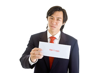 Image showing Angry Asian Man Suit Holding Foreclosure Notice White Background