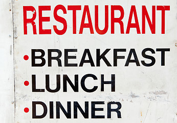 Image showing Old Grungy Dirty Metal Restaurant Sign, Breakfast, Lunch Dinner 