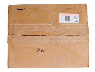 Image showing Grungy Old Cardboard Box To From Metered Isolated