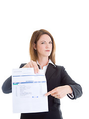 Image showing Caucasian Woman Pointing at Past Due Medical Bill Isolated White