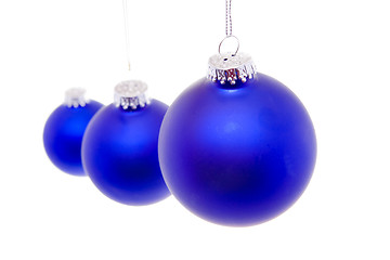 Image showing Row Close Up Blue Christmas Balls Hanging Isolated