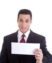 Image showing Surprised Caucasian Business Man Holding Blank Envelope, Isolate