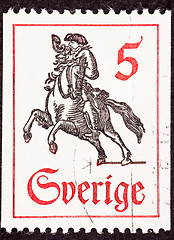 Image showing Swedish Postage Stamp Horseback Mail Delivery, Rider Blowing Pos