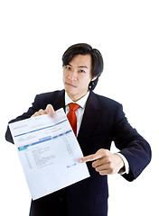 Image showing Asian Man Pointing Past Due Medical Bill, Isolated