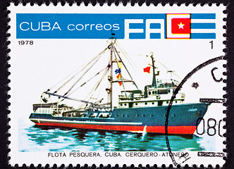 Image showing Canceled Cuban Postage Stamp Ocean Tuna Boat From Fishing Fleet